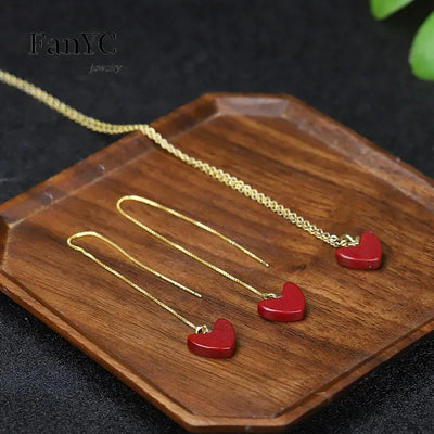 Natural V-shaped Cinnabar Love Heart Earrings Necklace