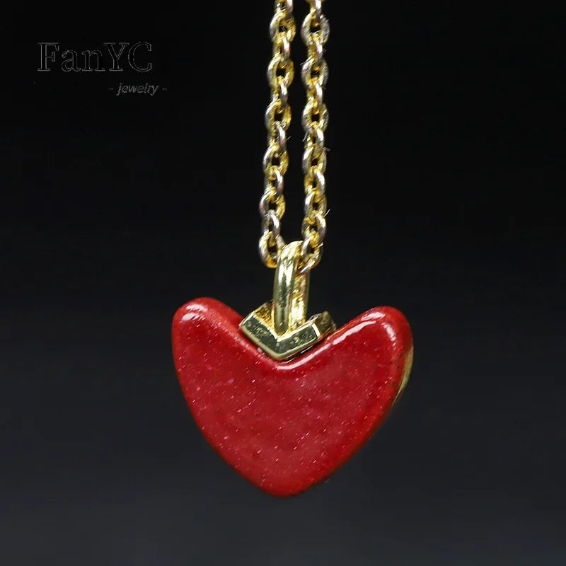 Natural V-shaped Cinnabar Love Heart Earrings Necklace