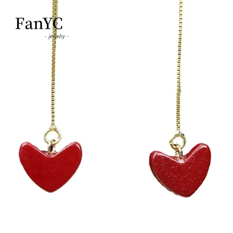 Natural V-shaped Cinnabar Love Heart Earrings Necklace