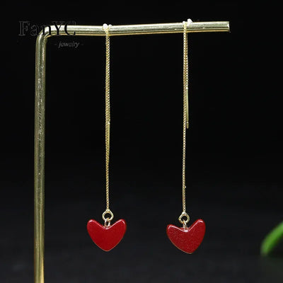 Natural V-shaped Cinnabar Love Heart Earrings Necklace