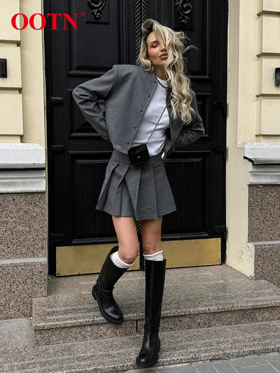 Autumn Two Pieces Crop Jackets And Pleated Skirts